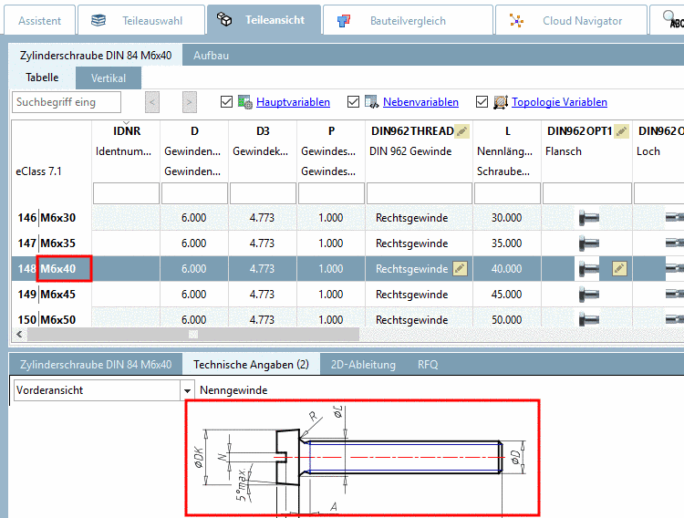 PARTdesigner mit Variable "VERS"- Beispiel: DIN 84 M6x40