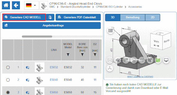 "Generiere CAD MODELL" Button (Beispiel Supplier-Portal)